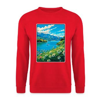 Azurblauer Lake Vista mit Wildblumen - Unisex Pullover - Rot - Vorne - Alina (178cm) & Michal (187cm)