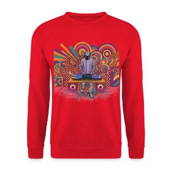 Futuristischer DJ im psychedelischen Hintergrund - Unisex Pullover - Rot - Vorne - Alina (178cm) & Michal (187cm)
