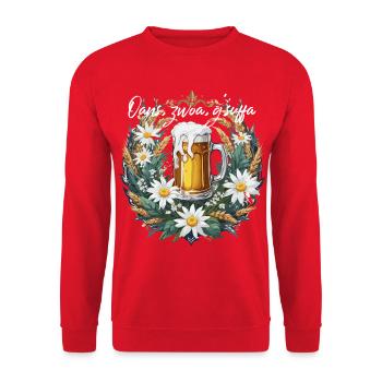 Oans, zwoa, g'suffa Bierspruch Volksfest Dirndl - Unisex Pullover - Rot - Vorne - Alina (178cm) & Michal (187cm)