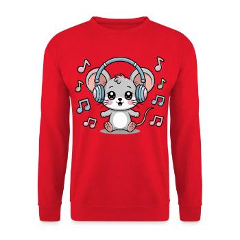 Niedliche Maus Mit Kopfhörern Und Musiknoten - Unisex Pullover - Rot - Vorne - Alina (178cm) & Michal (187cm)