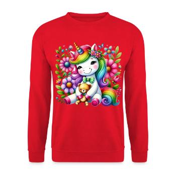 Regenbogen Einhorn Blumentraum - Unisex Pullover - Rot - Vorne - Alina (178cm) & Michal (187cm)