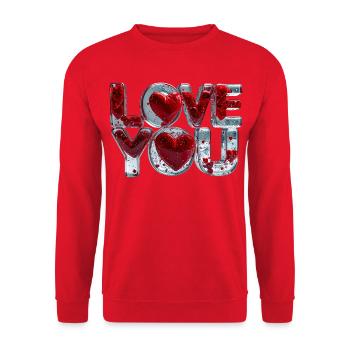 Love You – 3D Wasserbuchstaben voller Herzen - Unisex Pullover - Rot - Vorne - Alina (178cm) & Michal (187cm)