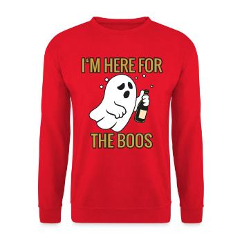 Hier für die Buhrufe - Halloween 2025 - Unisex Pullover - Rot - Vorne - Alina (178cm) & Michal (187cm)
