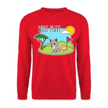 Wolf-Platz - Ein Wolf auf dem Golfplatz - Unisex Pullover - Rot - Vorne - Alina (178cm) & Michal (187cm)