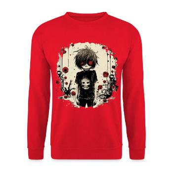 Red-Eyed Skull Kid – Emo Comic Design - Unisex Pullover - Rot - Vorne - Alina (178cm) & Michal (187cm)