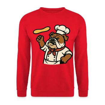 Bulldogge Chef Pizzateig Werfen Cartoon Design - Unisex Pullover - Rot - Vorne - Alina (178cm) & Michal (187cm)