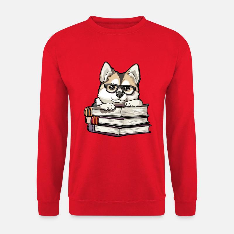 Süßes Akita-Hundelesebuch mit Brille - Unisex Pullover - Rot