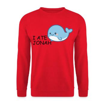 I Ate Jonah – Witziger Bibel Wal für Kinder - Unisex Pullover - Rot - Vorne - Alina (178cm) & Michal (187cm)