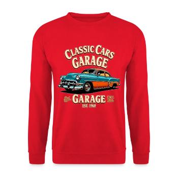 Klassische Autos Garage Druck - Unisex Pullover - Rot - Vorne - Alina (178cm) & Michal (187cm)