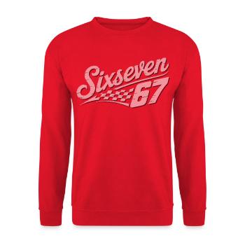 Six Seven Schachbrettflagge - Unisex Pullover - Rot - Vorne - Alina (178cm) & Michal (187cm)