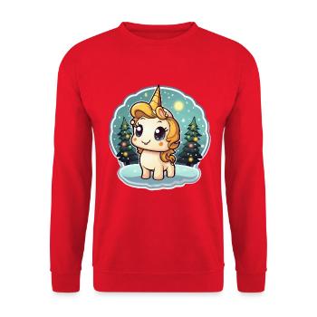Winterzauber Einhorn im Schneewald - Unisex Pullover - Rot - Vorne - Alina (178cm) & Michal (187cm)