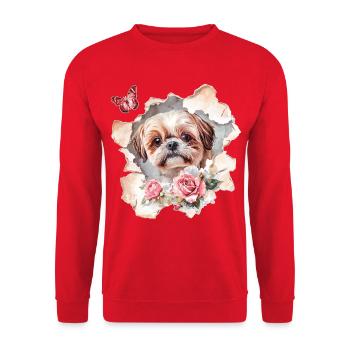 Shih Tzu mit Schmetterling - Unisex Pullover - Rot - Vorne - Alina (178cm) & Michal (187cm)