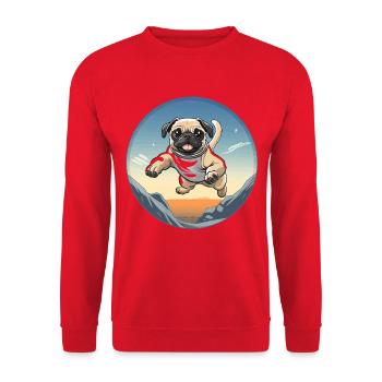 Pug Sprung über Berglandschaft - Unisex Pullover - Rot - Vorne - Alina (178cm) & Michal (187cm)