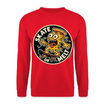 Pizza und Käse Monster auf Skateboard - Unisex Pullover - Rot - Vorne - Alina (178cm) & Michal (187cm)