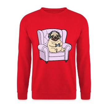 Gamer Mopshund spielt Videospielkunst - Unisex Pullover - Rot - Vorne - Alina (178cm) & Michal (187cm)