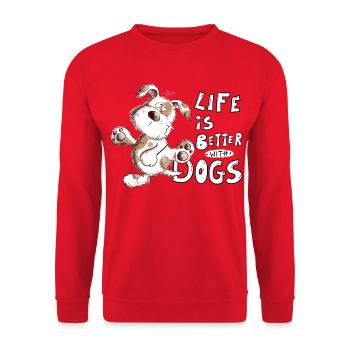 Hunde Cartoon Life IS Better With Dogs - Unisex Pullover - Rot - Vorne - Alina (178cm) & Michal (187cm)