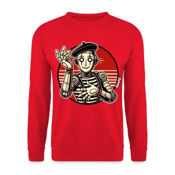 Retro Roboter Pantomime mit Barett im Comic Stil - Unisex Pullover - Rot - Vorne - Alina (178cm) & Michal (187cm)