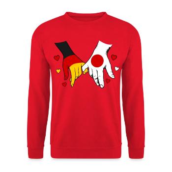 Deutschland_Japan_Flagge_Haendehalten - Unisex Pullover - Rot - Vorne - Alina (178cm) & Michal (187cm)
