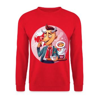 Büro-Bulle mit Kaffee und Kuchen - Unisex Pullover - Rot - Vorne - Alina (178cm) & Michal (187cm)
