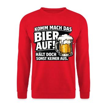 Bier Spruch Komm Mach Das Bier Auf  - Unisex Pullover - Rot - Vorne - Alina (178cm) & Michal (187cm)