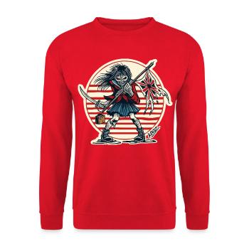 Jeune fille samouraï voyou avec drapeau en lambeaux - Sweat-shirt Unisexe - rouge - Devant - Alina (178cm) & Michal (187cm)