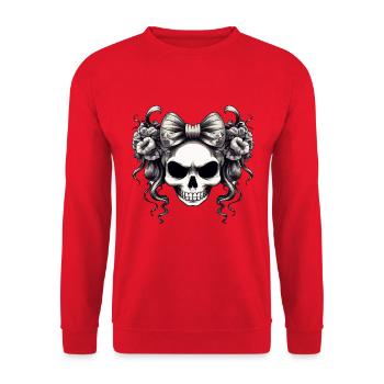 Schädel mit Schleife und Rosen - Unisex Pullover - Rot - Vorne - Alina (178cm) & Michal (187cm)