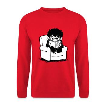 Aufkleberkind liest gemütliche Sessel Schwarz-Weiß - Unisex Pullover - Rot - Vorne - Alina (178cm) & Michal (187cm)