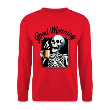 Kaffee-Skelett mit dampfender Tasse - Unisex Pullover - Rot - Vorne - Alina (178cm) & Michal (187cm)