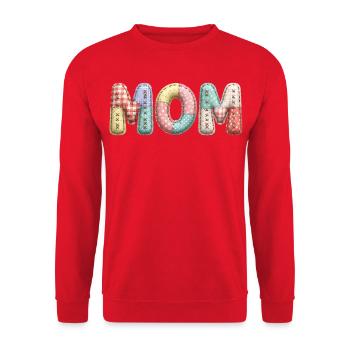 Mom Schriftzug Patchwork Stoff Look - Unisex Pullover - Rot - Vorne - Alina (178cm) & Michal (187cm)