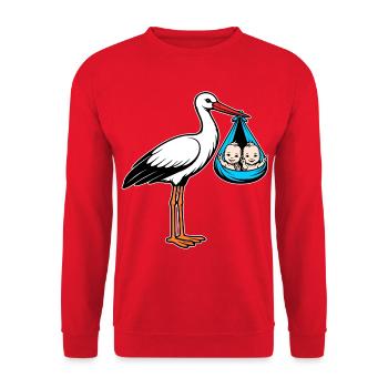 Storch mit Babys Zwillinge in Tuch blau - Unisex Pullover - Rot - Vorne - Alina (178cm) & Michal (187cm)