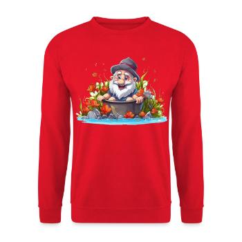 Gnom im Badetopf am Teich - Unisex Pullover - Rot - Vorne - Alina (178cm) & Michal (187cm)