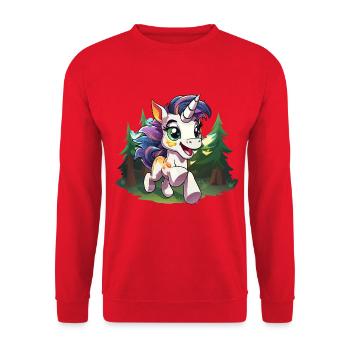 Bunter Waldunikorn im Glück - Unisex Pullover - Rot - Vorne - Alina (178cm) & Michal (187cm)