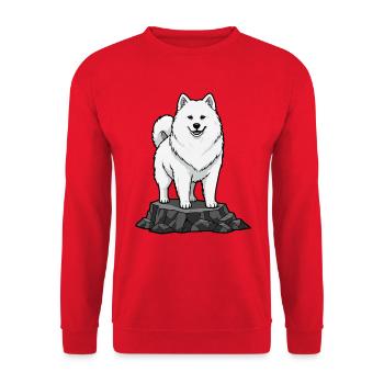Chien Samoyède sur Rocher Portrait Blanc Sourire - Sweat-shirt Unisexe - rouge - Devant - Alina (178cm) & Michal (187cm)