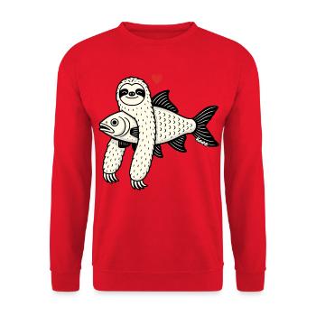 Herzhaftes Sloth-Fisch Duo - Unisex Pullover - Rot - Vorne - Alina (178cm) & Michal (187cm)