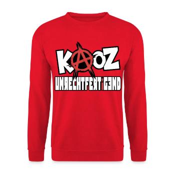 Anarchie-Symbol-artig über kantigem Schriftzug - Unisex Pullover - Rot - Vorne - Alina (178cm) & Michal (187cm)