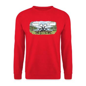 Savo Guys Duo 7 Lakescape Bankdiskussion - Unisex Pullover - Rot - Vorne - Alina (178cm) & Michal (187cm)