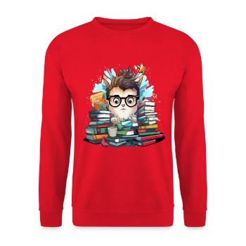 Bücherstapel-Katze mit Brille - Unisex Pullover - Rot - Vorne - Alina (178cm) & Michal (187cm)