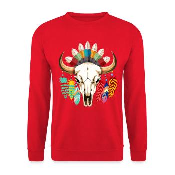 Buffalo Skull – Kunst der amerikanischen Ureinwohner - Unisex Pullover - Rot - Vorne - Alina (178cm) & Michal (187cm)