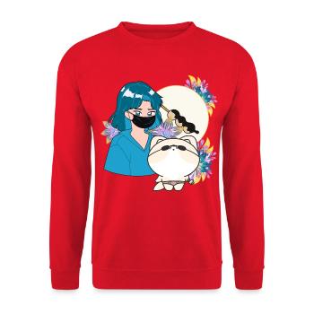 Anime Girl und Shiba Inu mit Prothese - Unisex Pullover - Rot - Vorne - Alina (178cm) & Michal (187cm)