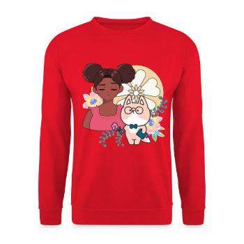Kawaii-Mädchen, Cyborg-Hund und Blumen - Unisex Pullover - Rot - Vorne - Alina (178cm) & Michal (187cm)