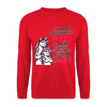 Durchgeknallte Mama Unicorn Spruch - Unisex Pullover - Rot - Vorne - Alina (178cm) & Michal (187cm)