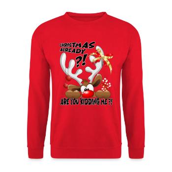 "Christmas Already ?!" Funny Peeking Reindeer  - Unisex Sweatshirt - red - Front - Alina (178cm) & Michal (187cm)