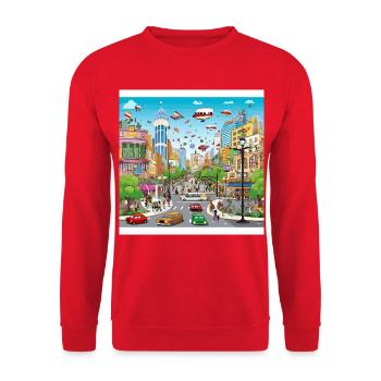 Futuristische Stadtflug-Parade - Unisex Pullover - Rot - Vorne - Alina (178cm) & Michal (187cm)