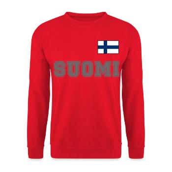FINNLAND - SUOMI Trikot Look - Flagge auf Brust - Unisex Pullover - Rot - Vorne - Alina (178cm) & Michal (187cm)