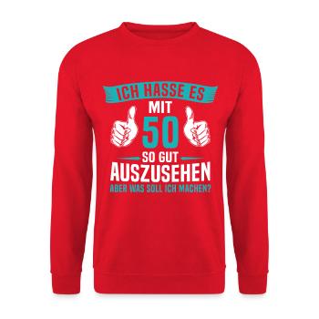50 Jahre 50. Geburtstag Mann Frau 50 Jahre - Unisex Pullover - Rot - Vorne - Alina (178cm) & Michal (187cm)