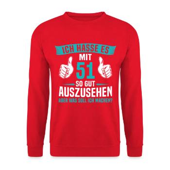 51 Jahre 51. Geburtstag Mann Frau 51 Jahre - Unisex Pullover - Rot - Vorne - Alina (178cm) & Michal (187cm)