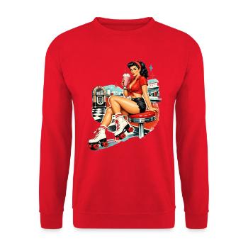 Retro Pin-Up Girl: 50s Diner Rollschuh Style - Unisex Pullover - Rot - Vorne - Alina (178cm) & Michal (187cm)