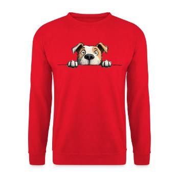 Spähriger Staffy lustiger Hundeliebhaber-Merch - Unisex Pullover - Rot - Vorne - Alina (178cm) & Michal (187cm)