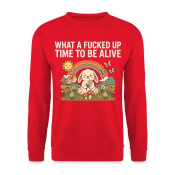 Was für eine beschissene Zeit, um zu leben, lustiger Bunny Tee - Unisex Pullover - Rot - Vorne - Alina (178cm) & Michal (187cm)