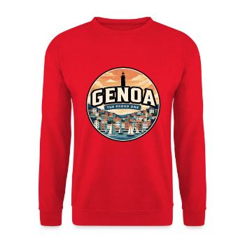 Retro Genua Porto Antico Reiseabzeichen - Unisex Pullover - Rot - Vorne - Alina (178cm) & Michal (187cm)